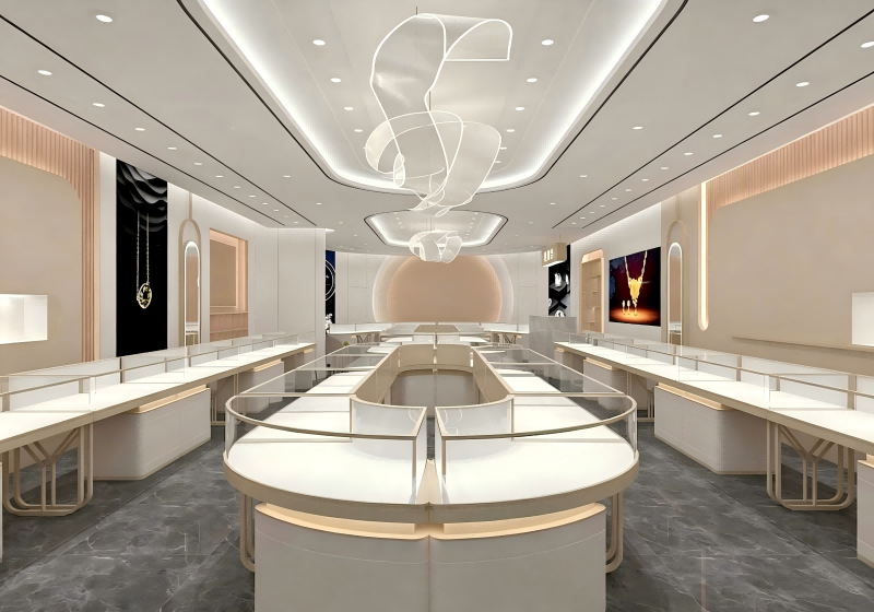 Modern Soft Beige Luxury Jewelry Display Showcase | Full Store Interior Solution