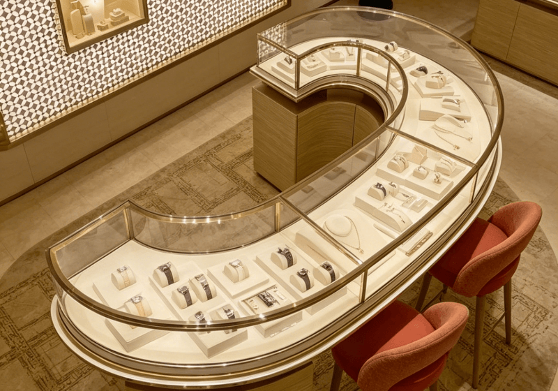 Premium Curved Gold Finish Jewelry Display Counter