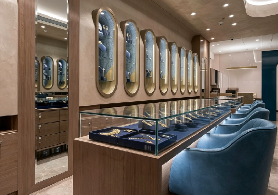 Premium Modern Wood & Blue Velvet Jewelry Display Cabinets