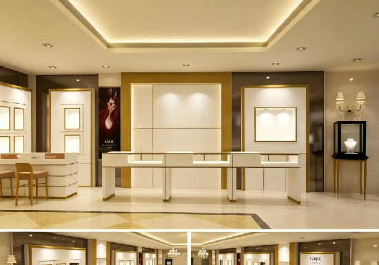 Luxury White & Gold Framed Jewelry Store Display Fixture Set