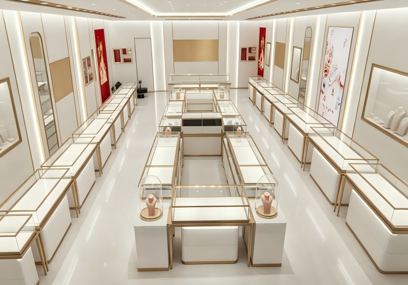 Symmetrical White & Gold Full-Set Jewelry Store Display System | Mall Boutique Turnkey Solution