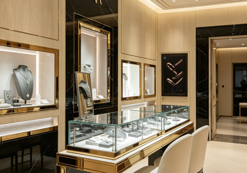 Luxury Black Marble & Gold Trim Jewelry Display Cabinets
