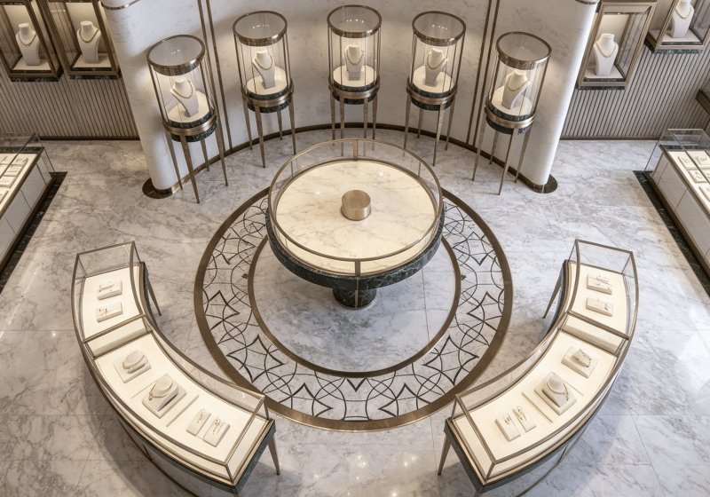Premium Marble Round Gold Framed Jewelry Showcase