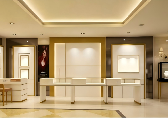 Luxury White & Gold Framed Jewelry Store Display Fixture Set