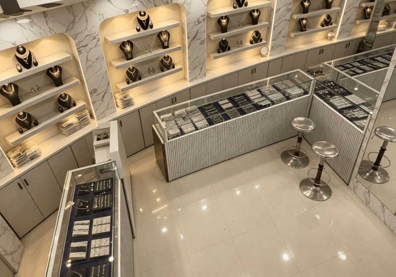 Premium Marble Backdrop Jewelry Store Interior Solution