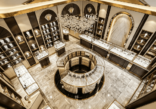 Premium Gold Trim Circular Island Jewelry Store Interior Solution
