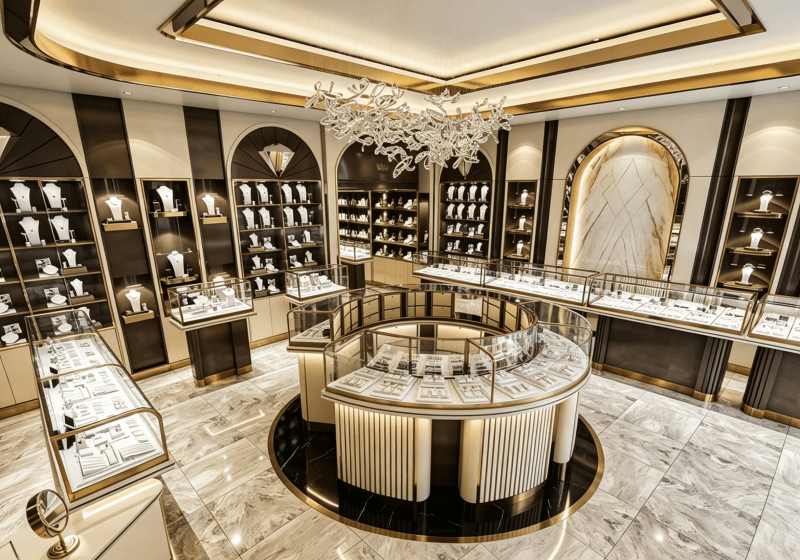 Premium Gold Trim Circular Island Jewelry Store Interior Solution