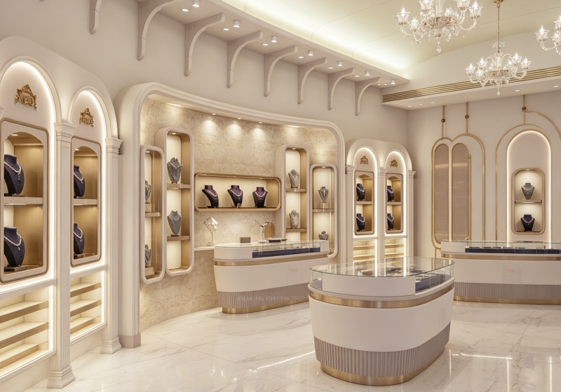 Custom French Luxury Arched Jewelry Display Cabinets