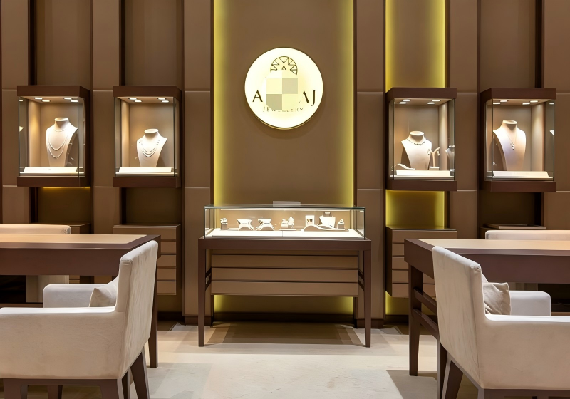 Deep Walnut Wood Neutral Luxury Jewelry Boutique Complete Display Fixture Set