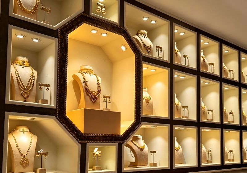 Geometric Recessed Niche Wall Jewelry Display Cabinet System for Gold Jewelry Stores