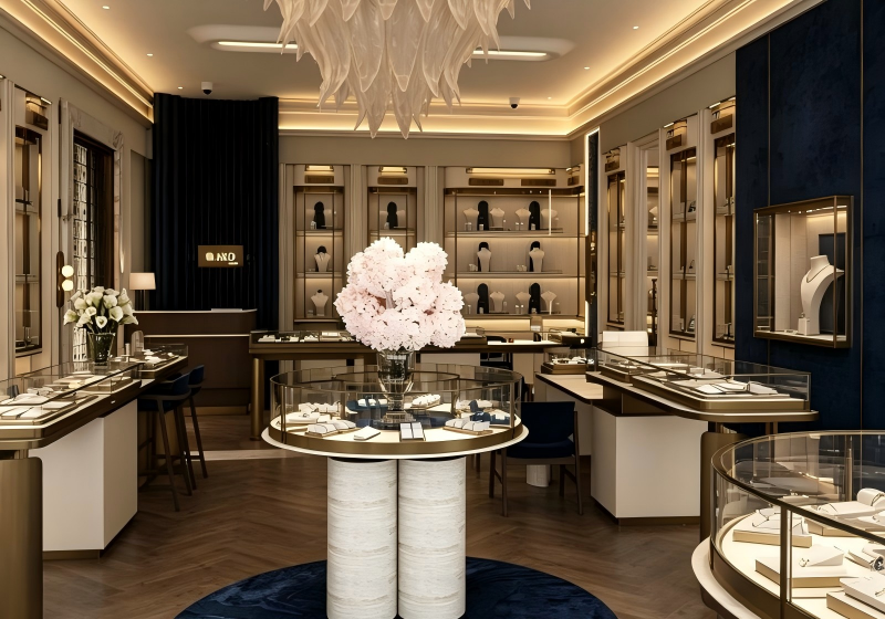 Modern Luxury Cream & Gold Full-Set Jewelry Store Display Fixture Solution