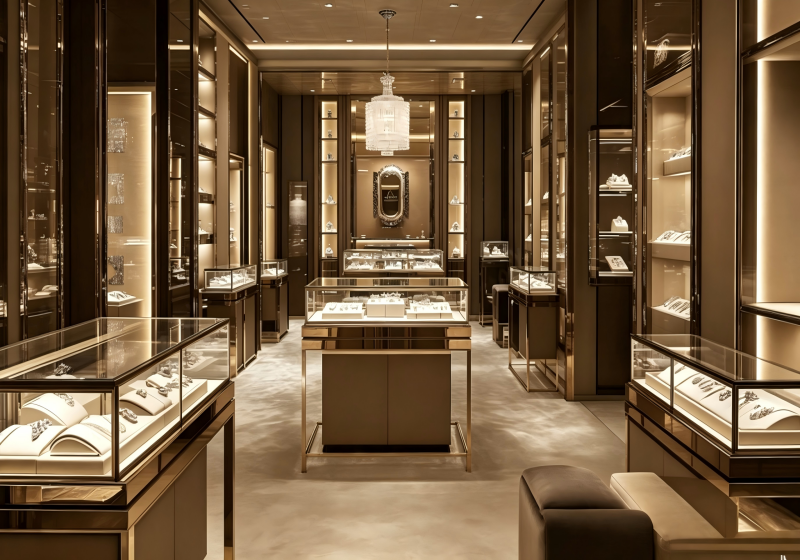 Luxury Dark Champagne Gold Jewelry Flagship Store Interior