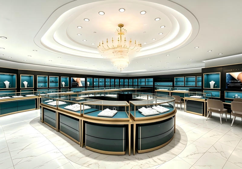 Luxury Teal & Gold Full-Set Jewelry Store Interior Design – Upgrade Your High-End Jewelry Retail Space
