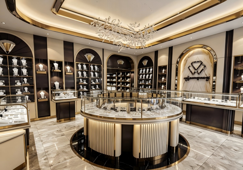 Luxury Curved Gold Trim Jewelry Mall Boutique Full Display Fixture Package
