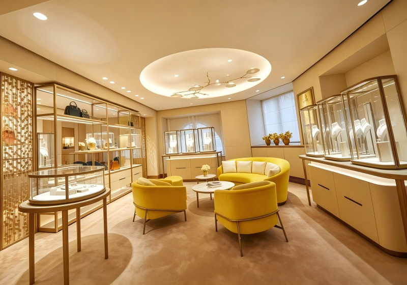 Warm Cream & Gold VIP Jewelry Lounge Complete Display & Seating Fixture Set