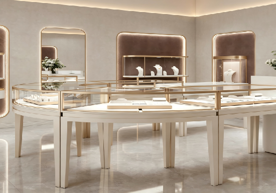 Premium Cream Champagne Gold Curved Jewelry Showcase Collection