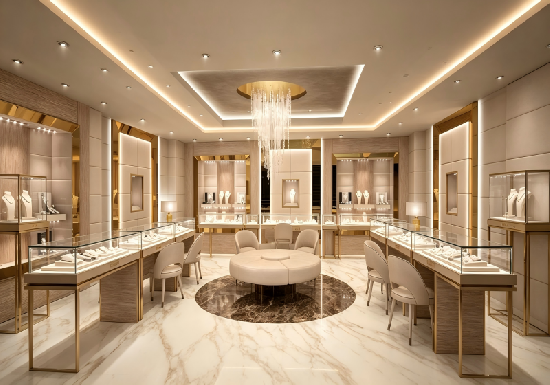 Luxury Cream Gold Jewelry Store Interior Design | One-Stop High-End Boutique Showroom Solution