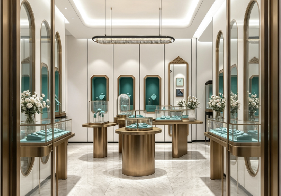 Champagne Gold & Tiffany Blue Luxury Jewelry Boutique Complete Display Fixture Collection