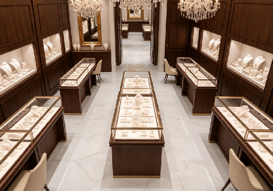 Classic Dark Walnut Crystal Luxury Jewelry Flagship Store Complete Display Fixture System