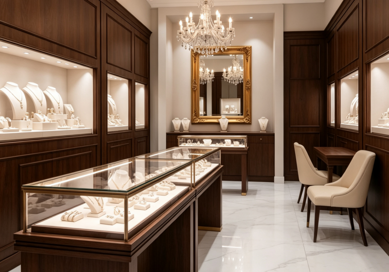 Classic Dark Walnut Crystal Luxury Jewelry Flagship Store Complete Display Fixture System