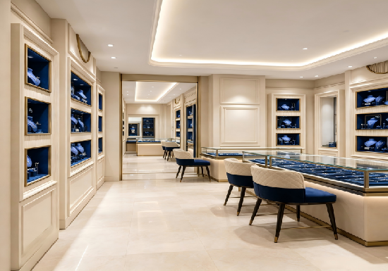 European Beige Navy Blue Luxury Jewelry Store Interior Design & Custom Display Cabinets