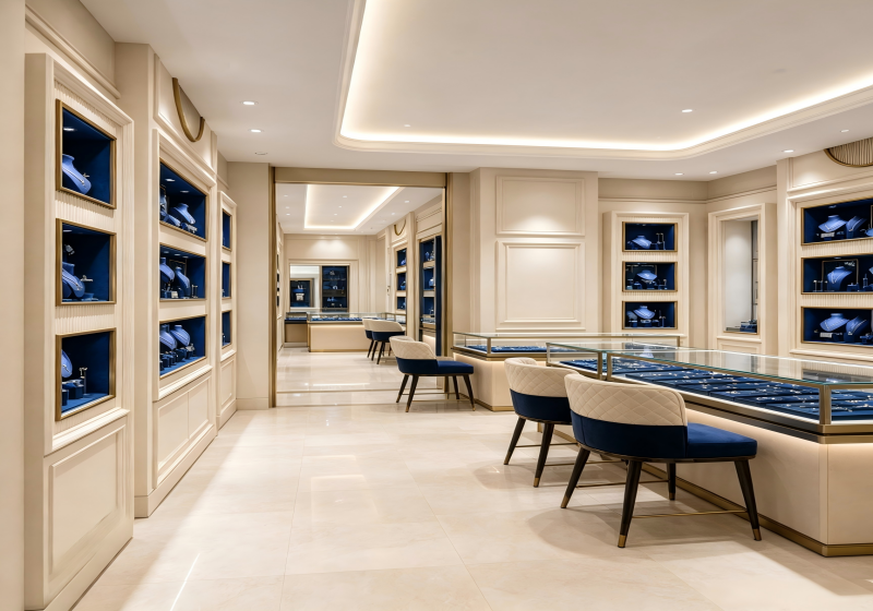 European Beige Navy Blue Luxury Jewelry Store Interior Design & Custom Display Cabinets