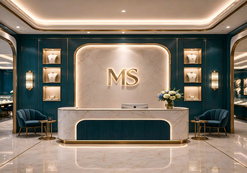 Luxury Teal‑Gold Jewelry Store Interior | Custom High‑End Retail Showcase Project