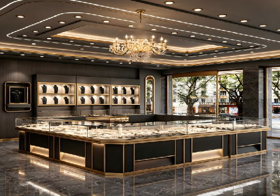 Custom Dark Luxury Jewelry Store Interior | Bespoke Gold Framed Jewellery Display Cabinets