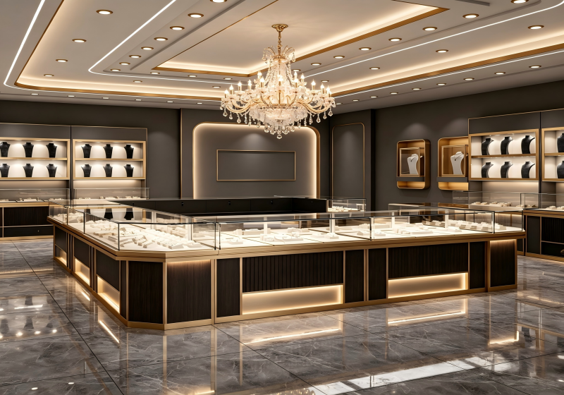 Custom Dark Luxury Jewelry Store Interior | Bespoke Gold Framed Jewellery Display Cabinets