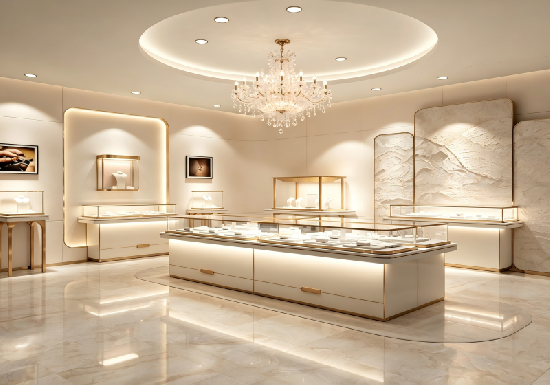 Cream Champagne Gold Luxury Jewelry Store Interior | Custom Jewellery Display Cabinets