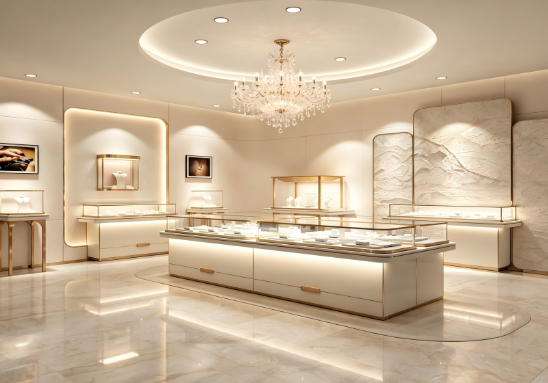 Cream Champagne Gold Luxury Jewelry Store Interior | Custom Jewellery Display Cabinets