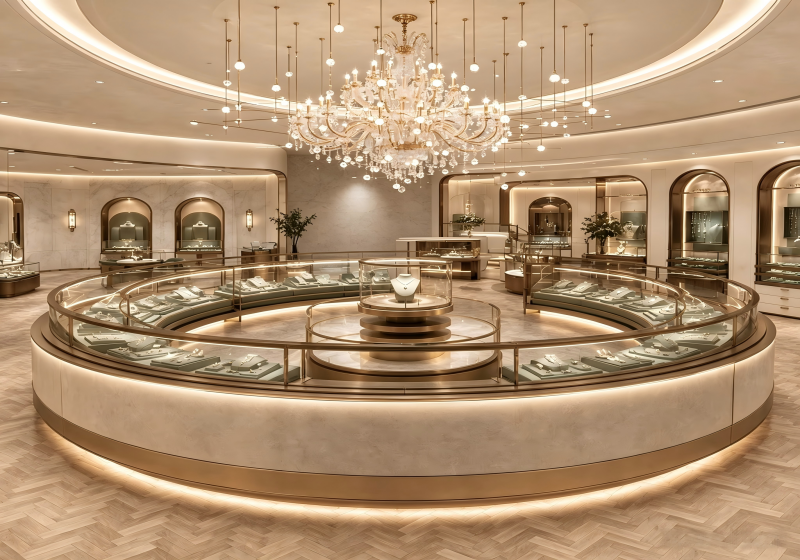Curved Luxury Jewellery Store Full Interior Fit-out | Custom Round Jewelry Display Counters