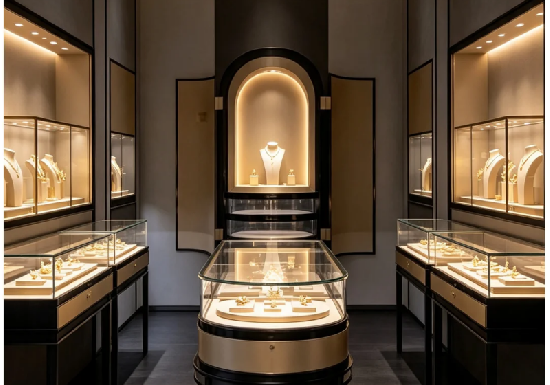 Premium Custom Gold Jewelry Display Cabinets for Luxury Retail Boutiques