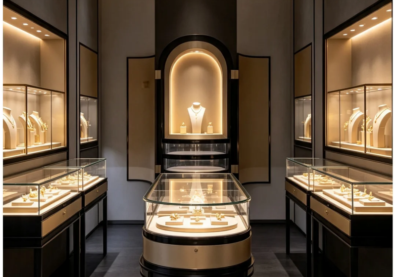 Premium Custom Gold Jewelry Display Cabinets for Luxury Retail Boutiques