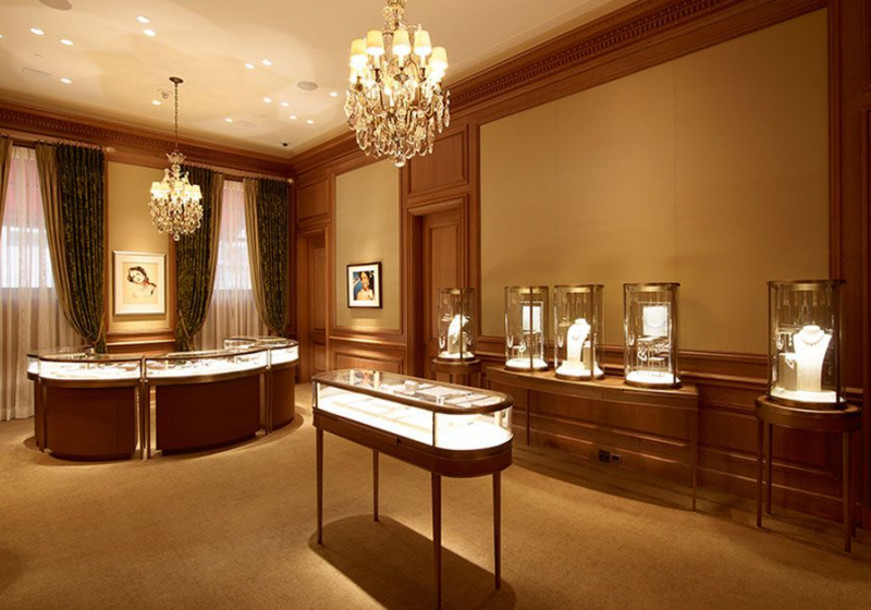 Classic Warm‑Wood Luxury Jewelry Store Display Cases