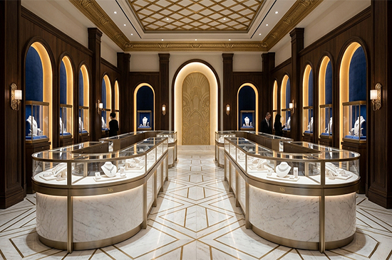 Neoclassical Luxury Meets Modern Functionality: Custom U-Shaped Jewelry Island Display Cases