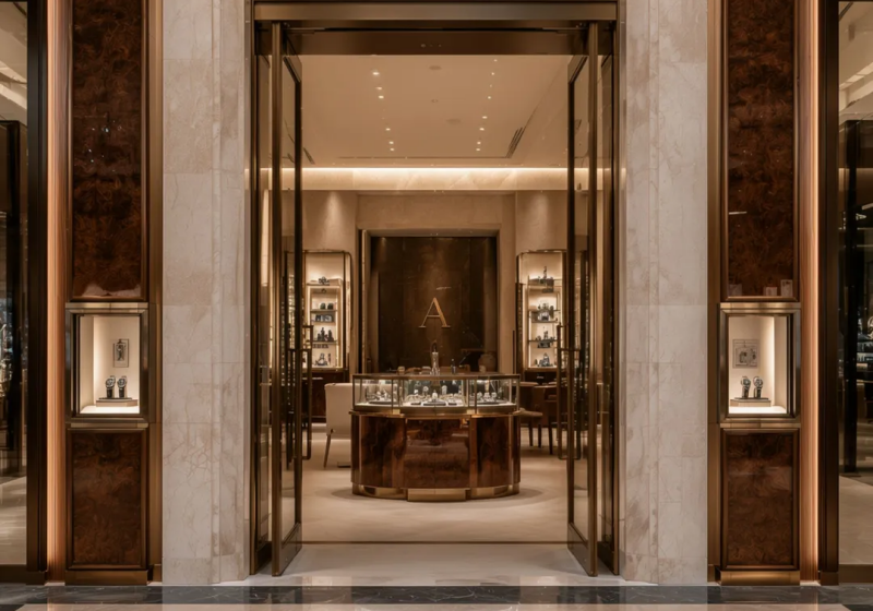Luxury Brass‑Accented Watch & Jewelry Retail Display Cabinets