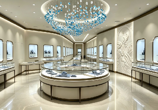 Luxury Round & Curved Glass Jewelry Boutique Display Furniture
