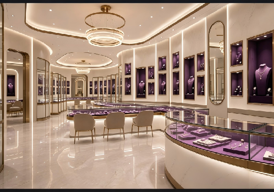 Curved Purple Velvet Luxury Jewelry Boutique Display Furniture  ## Flowing Curved Glass Jewelry Display Counters