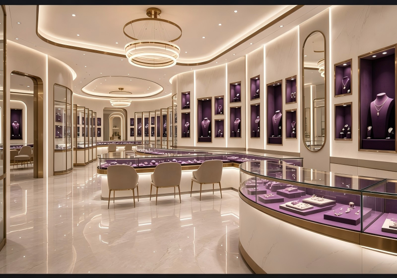 Curved Purple Velvet Luxury Jewelry Boutique Display Furniture  ## Flowing Curved Glass Jewelry Display Counters
