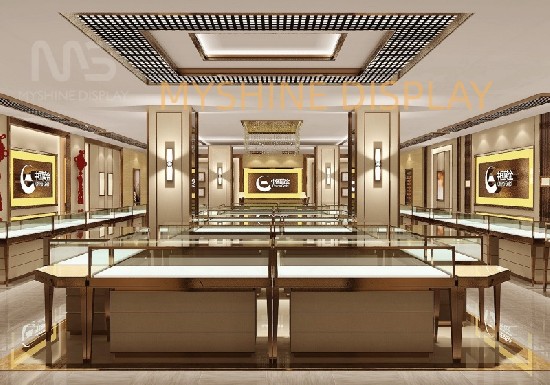 Gold Jewelry Store Layout + Custom Display Cases idea