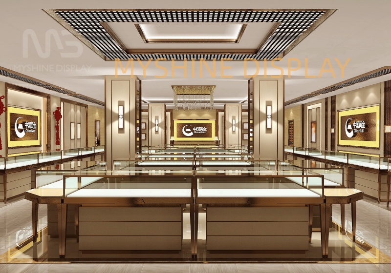 Gold Jewelry Store Layout + Custom Display Cases idea