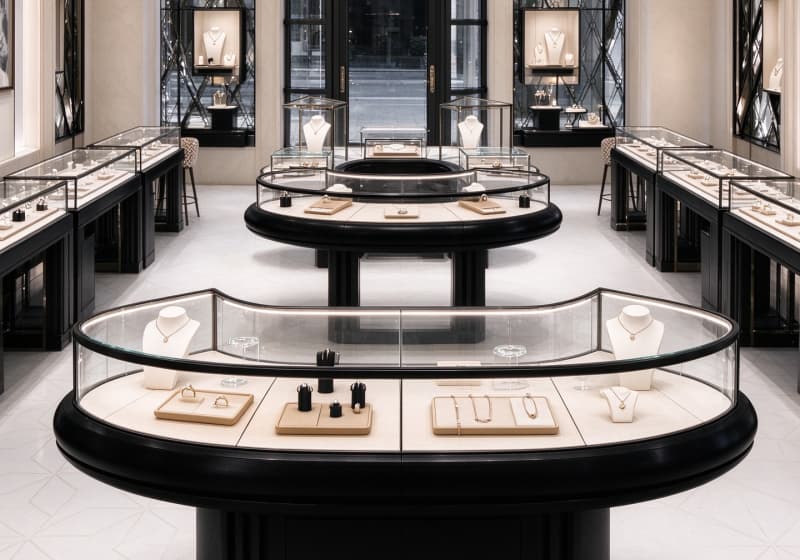 Modern Luxury Curved Jewelry Display Cabinet Solution