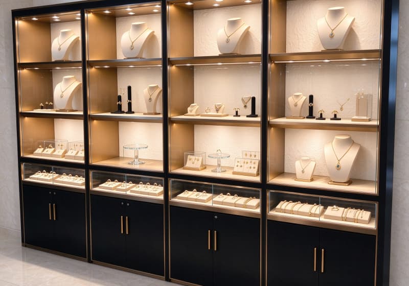 High End Black Gold Freestanding Wall Jewelry Display Cabinet