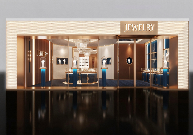 Navy Blue & Gold Luxury Jewelry Store Full Fit-out | Custom Jewellery Display Counters & Showcase Props