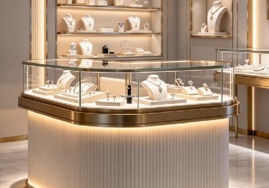 Curved Fluted Luxury Jewelry Island Display Counter Solution