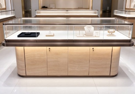 Wood Grain Rounded Edge Luxury Jewelry Island Display Counter