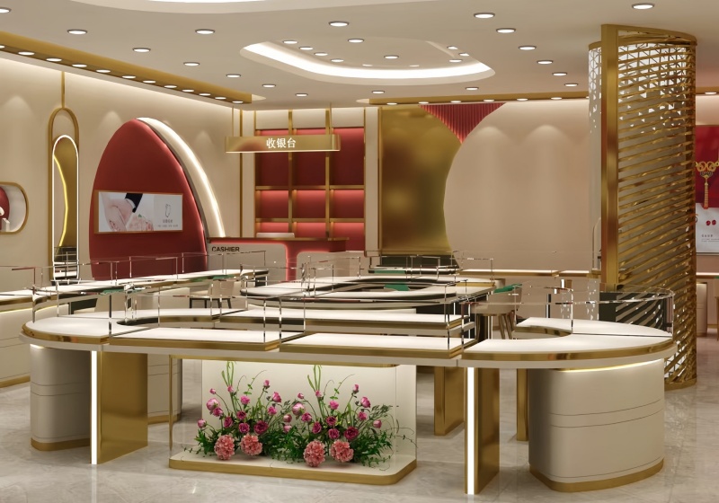 customized Curved Jewelry Store Display Counter Set