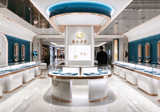Attractive Teal & Rose Gold Curved Jewelry Store Design