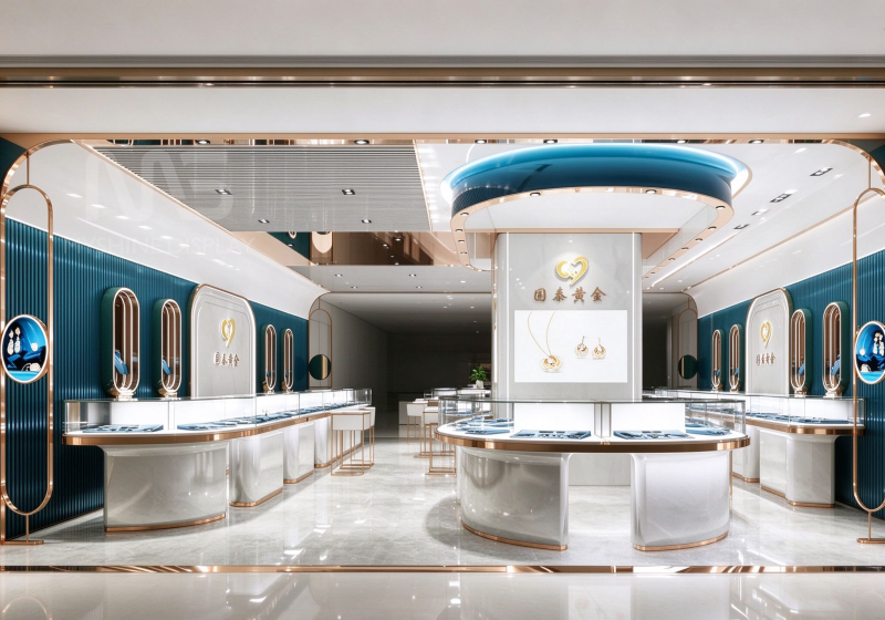 Attractive Teal & Rose Gold Curved Jewelry Store Design